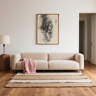 Elegant sumi-e ink painting tiger wall art for living room décor.