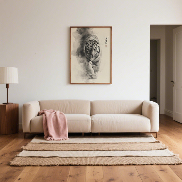 Elegant sumi-e ink painting tiger wall art for living room décor.