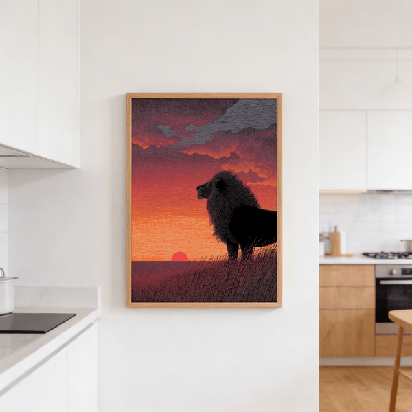 Graphic wildlife illustration featuring lion amid swaying grasses