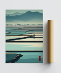 Serene Rice Field Poster depicting patterned paddy rows, shoreline edges, and a figure in the midground
