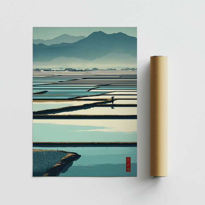Serene Rice Field Poster rolled up beside a minimalist illustration of rice paddies with mountains in blue and cream tones