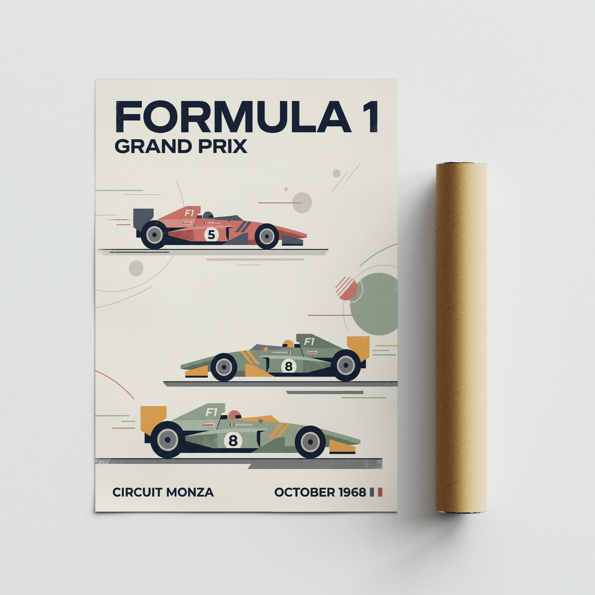 Wide scene of minimalist Grand Prix wall art featuring Monza caption
