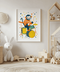 Monkey Drummer Art Print framed in Multicolored for bedroom wall art