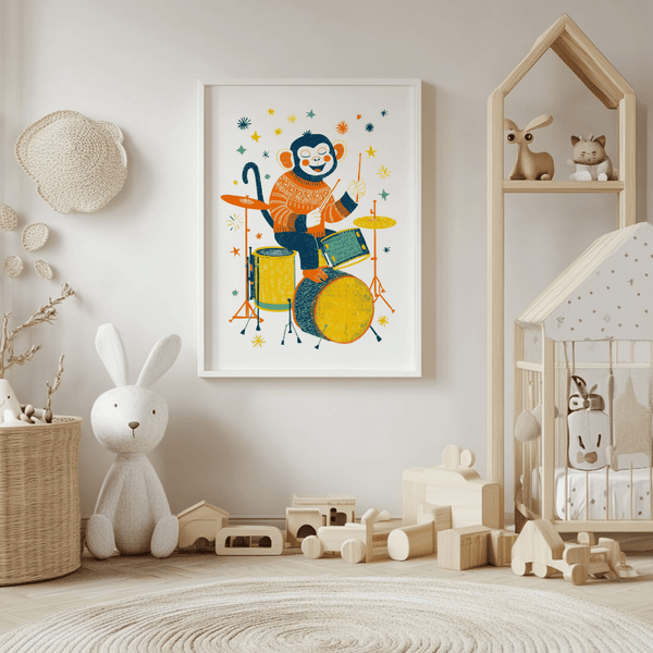 Monkey Drummer Art Print framed in Multicolored for bedroom wall art