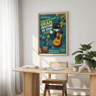 Mexican Fiesta Art Print with mariachi guitarist and large stacked lettering