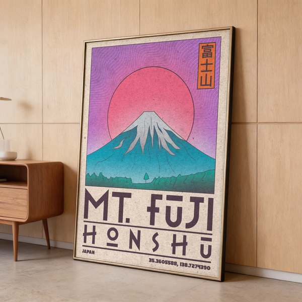 Vintage-style travel poster print featuring Mount Fuji and rising sun
