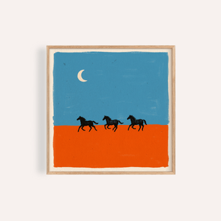 Minimalist poster print showing three running horse silhouettes under a crescent moon