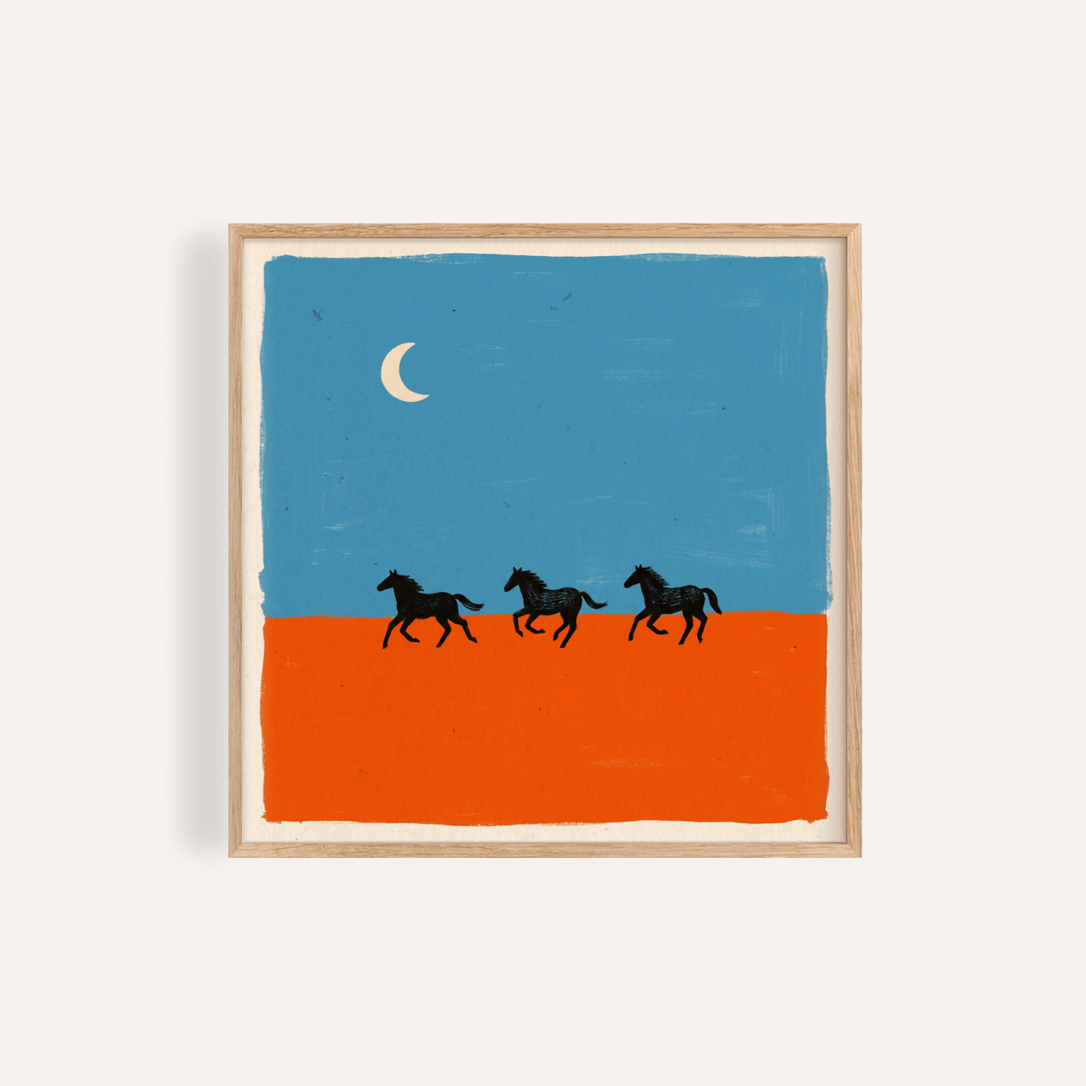Minimalist poster print showing three running horse silhouettes under a crescent moon