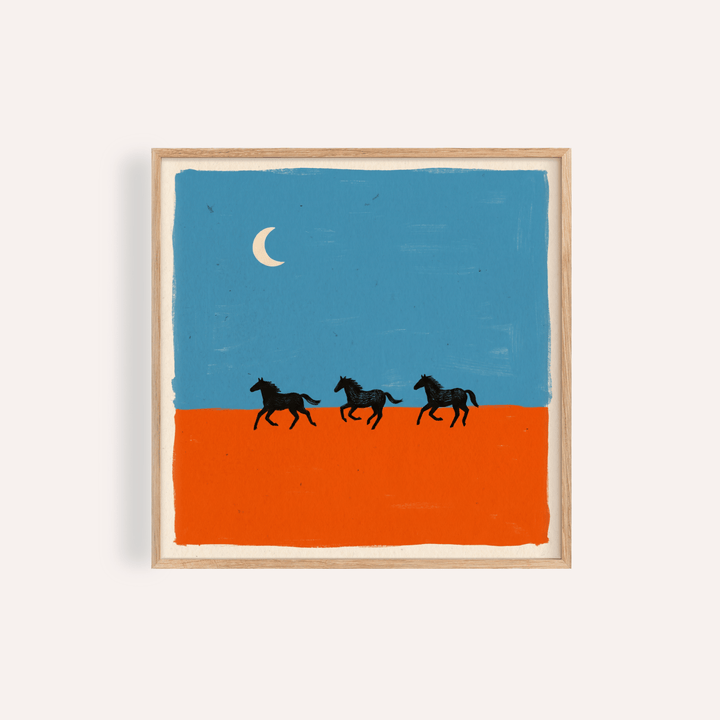 Minimalist poster print showing three running horse silhouettes under a crescent moon