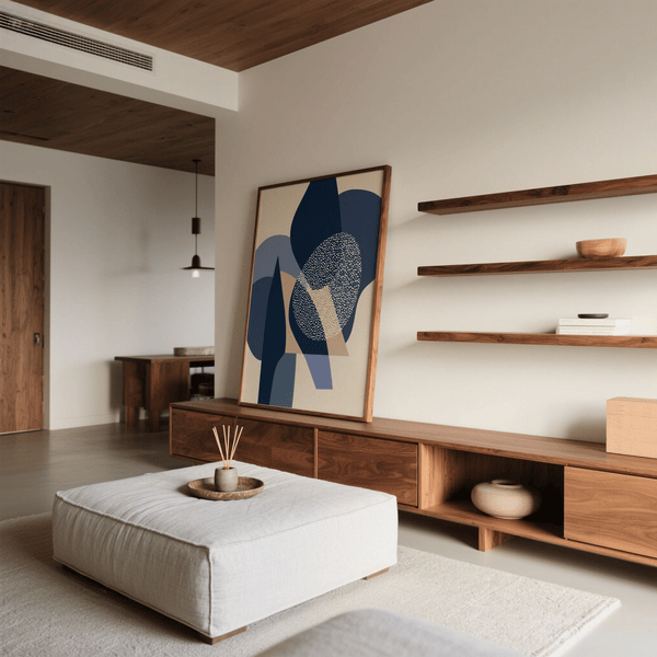 Blue Abstract Print wall art with Blue, Beige, White, Brown colors for lounge