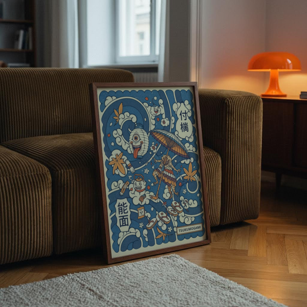 Japanese folklore wall art print with wave pattern, small blossoms, and TSUKUMOGAMI label