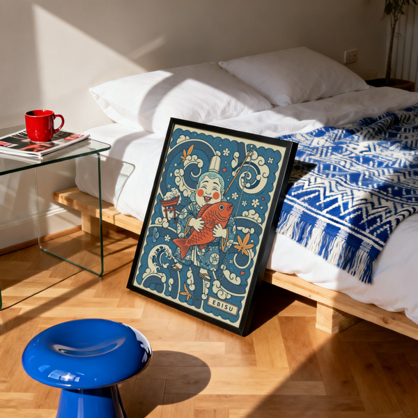 Detail shot of swirling waves and blossoms on Japanese Ebisu Wall Art poster