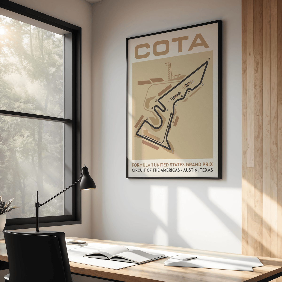 Close-up of Circuit of the Americas track layout poster with bold black course line