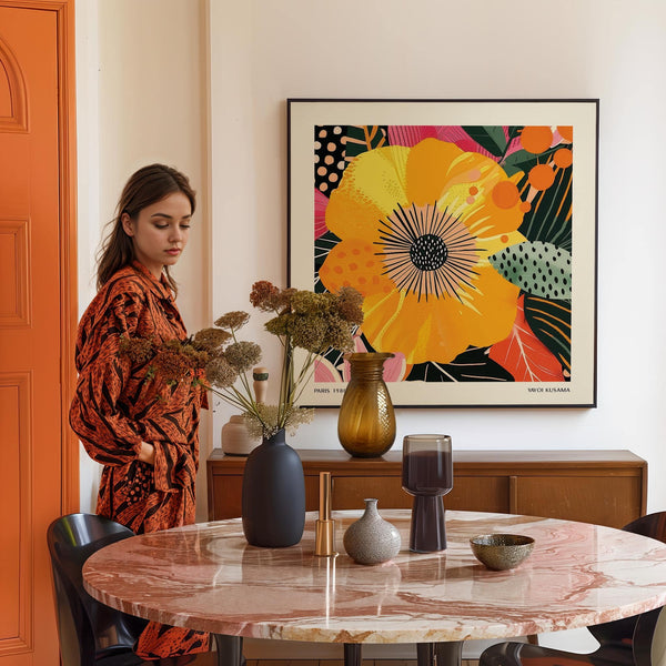 Yellow flower art with black and orange botanical elements