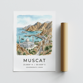 Muscat Art Print travel illustration featuring skyline silhouette and captioned coordinates