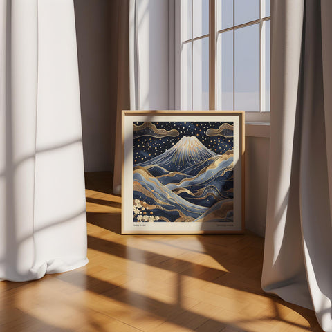 Japanese landscape print with gold detailing and Mount Fuji.