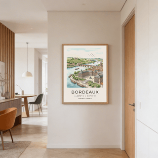 Landscape illustration poster print with Bordeaux bridge, river curve, and vineyards in the distance