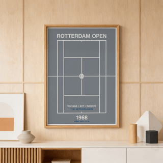 Rotterdam Open Poster with centered ball icon in gray and white palette