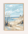 Beach Landscape Art Print with Blue, Beige, and White for bedroom wall art