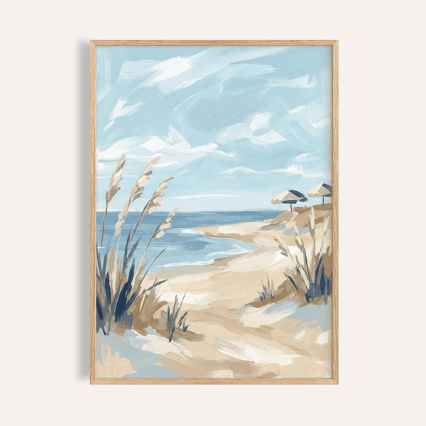 Beach Landscape Art Print with Blue, Beige, and White for bedroom wall art