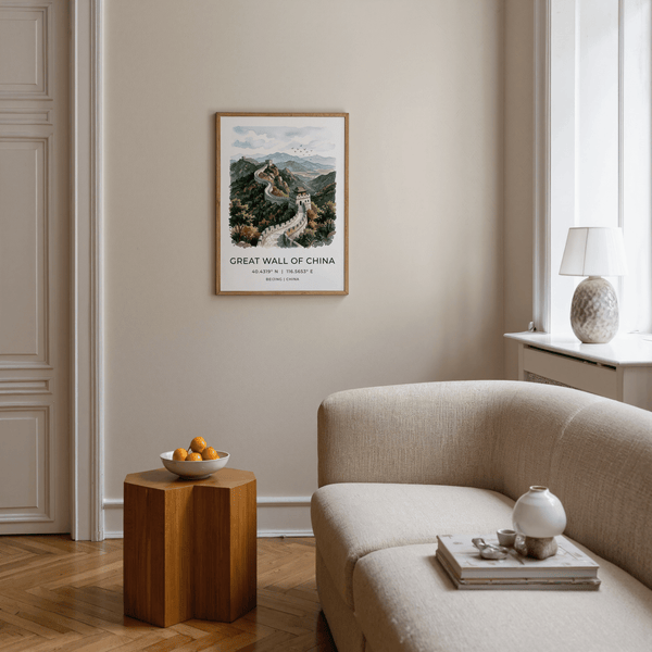 Great Wall of China Art Print with watercolor mountains and watchtowers