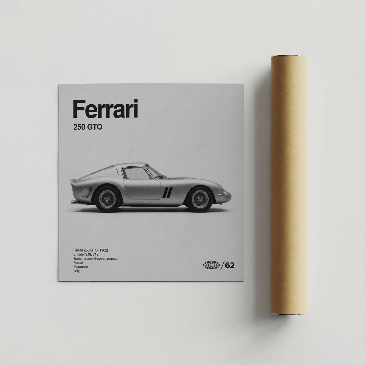 Ferrari Wall Art for man cave featuring iconic Ferrari in black and white