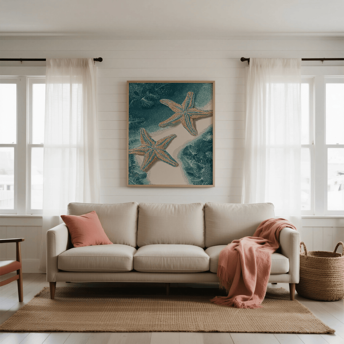Underwater Starfish Print in Beige ideal for nursery wall art decor