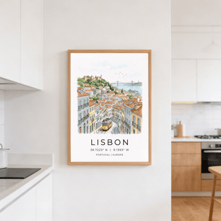 Urban Portuguese street scene poster with balconies and rooftops