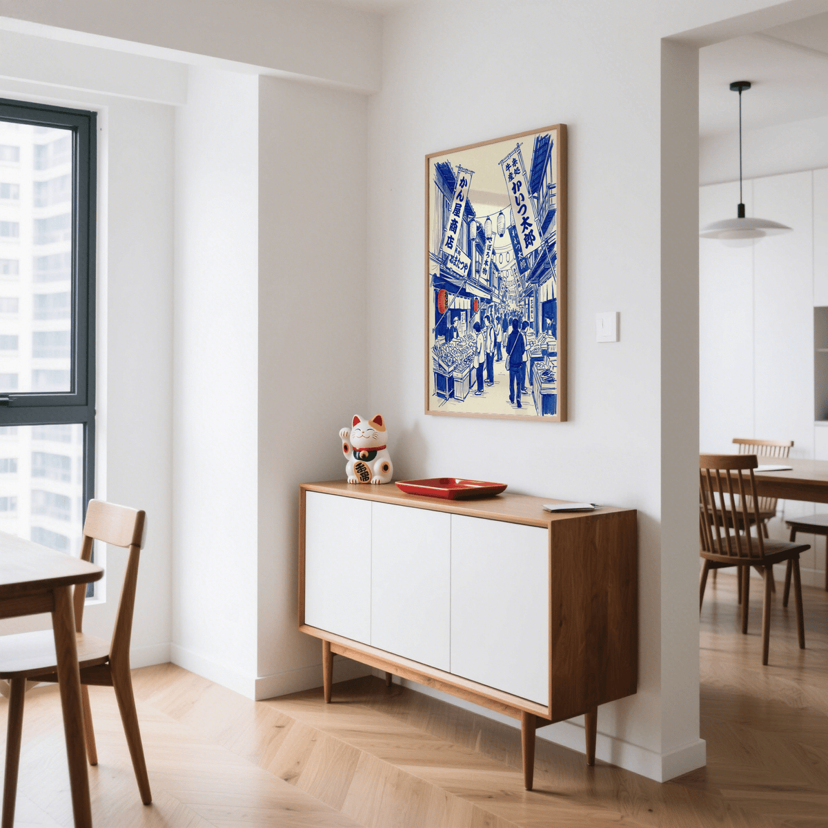 Japanese Market Art Print, vibrant blue, red, and white wall art for entryway