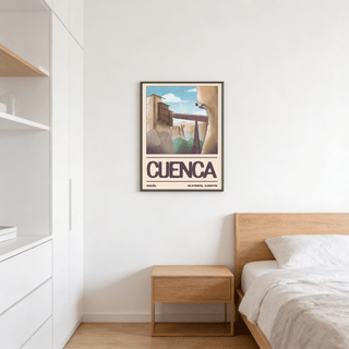 Travel wall art poster featuring a cliffside building, long bridge, and distant canyon shapes