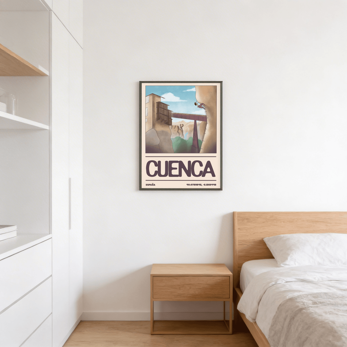 Travel wall art poster featuring a cliffside building, long bridge, and distant canyon shapes