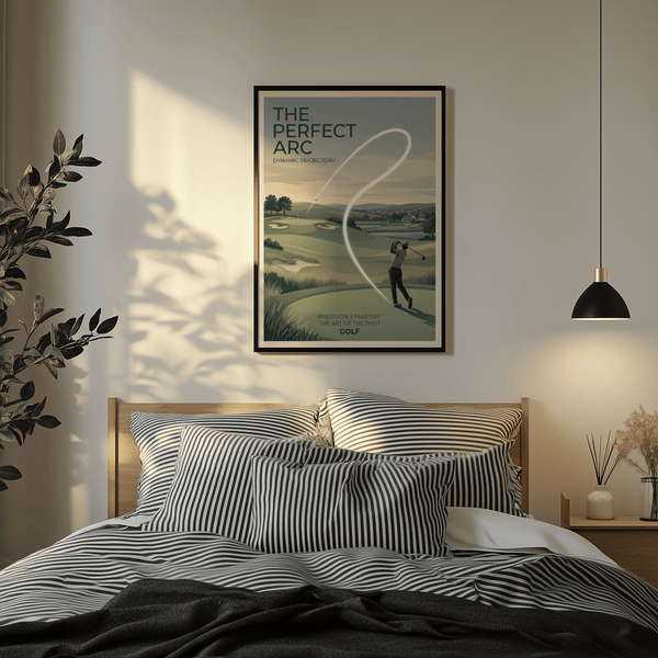Minimal vintage golf poster design with large headline text, curved shot path, and open sky
