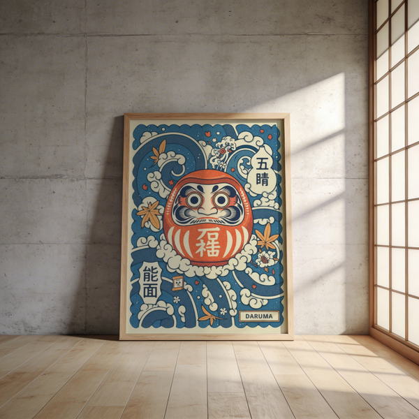 Graphic poster of wide-eyed daruma against rhythmic curves