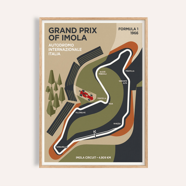 Featuring a stylized Imola circuit map, this Imola Grand Prix Poster shows the track outline and labeled corners