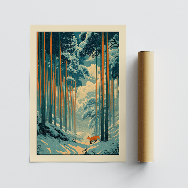 Japanese fox woodblock print wall art featuring bamboo grove and winter sky