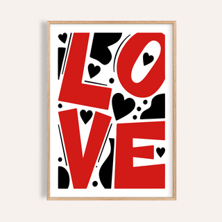 Bold LOVE typography wall art print with hearts and abstract shapes