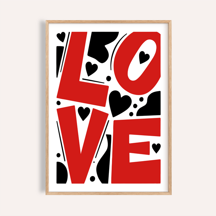 Bold LOVE typography wall art print with hearts and abstract shapes