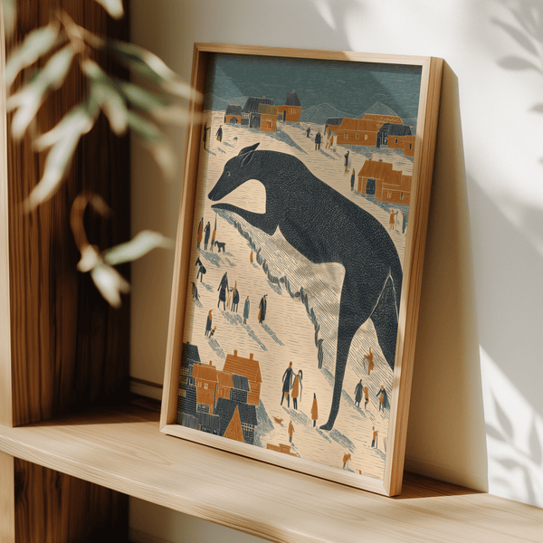 Whimsical Dog Art Print featuring Black dog and Blue accents for bedroom