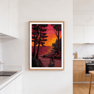 Detailed linework landscape print poster with oversized sun, rippled water reflection, and shoreline trees