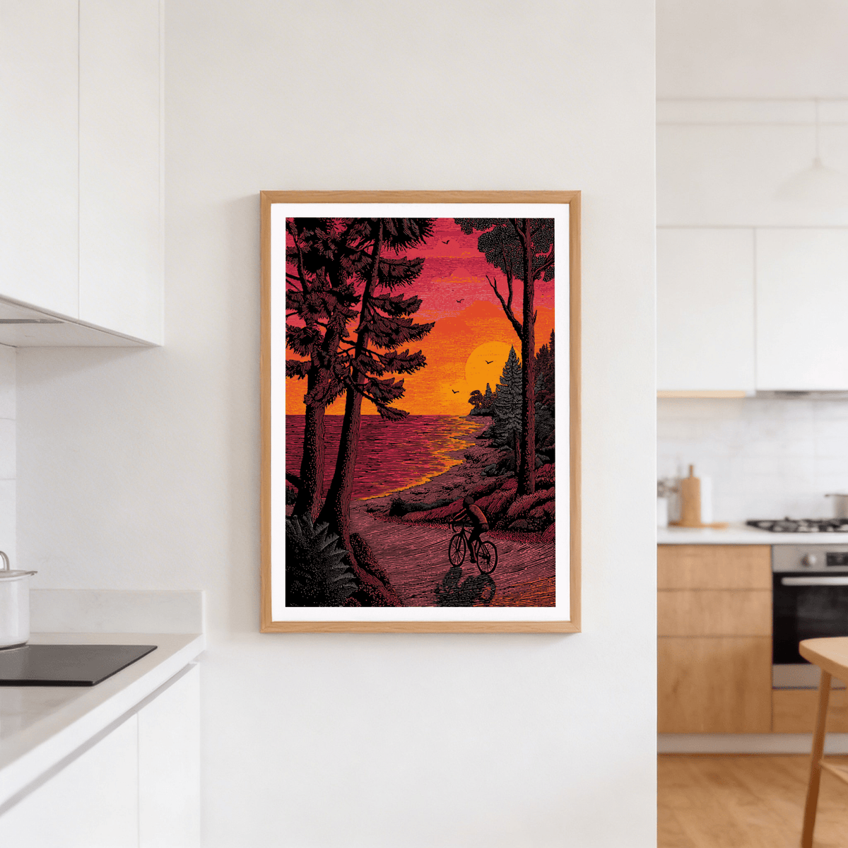 Detailed linework landscape print poster with oversized sun, rippled water reflection, and shoreline trees