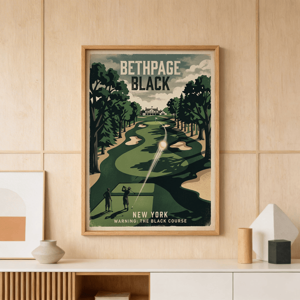Graphic view of Bethpage Black fairway lined by pines and sand bunkers
