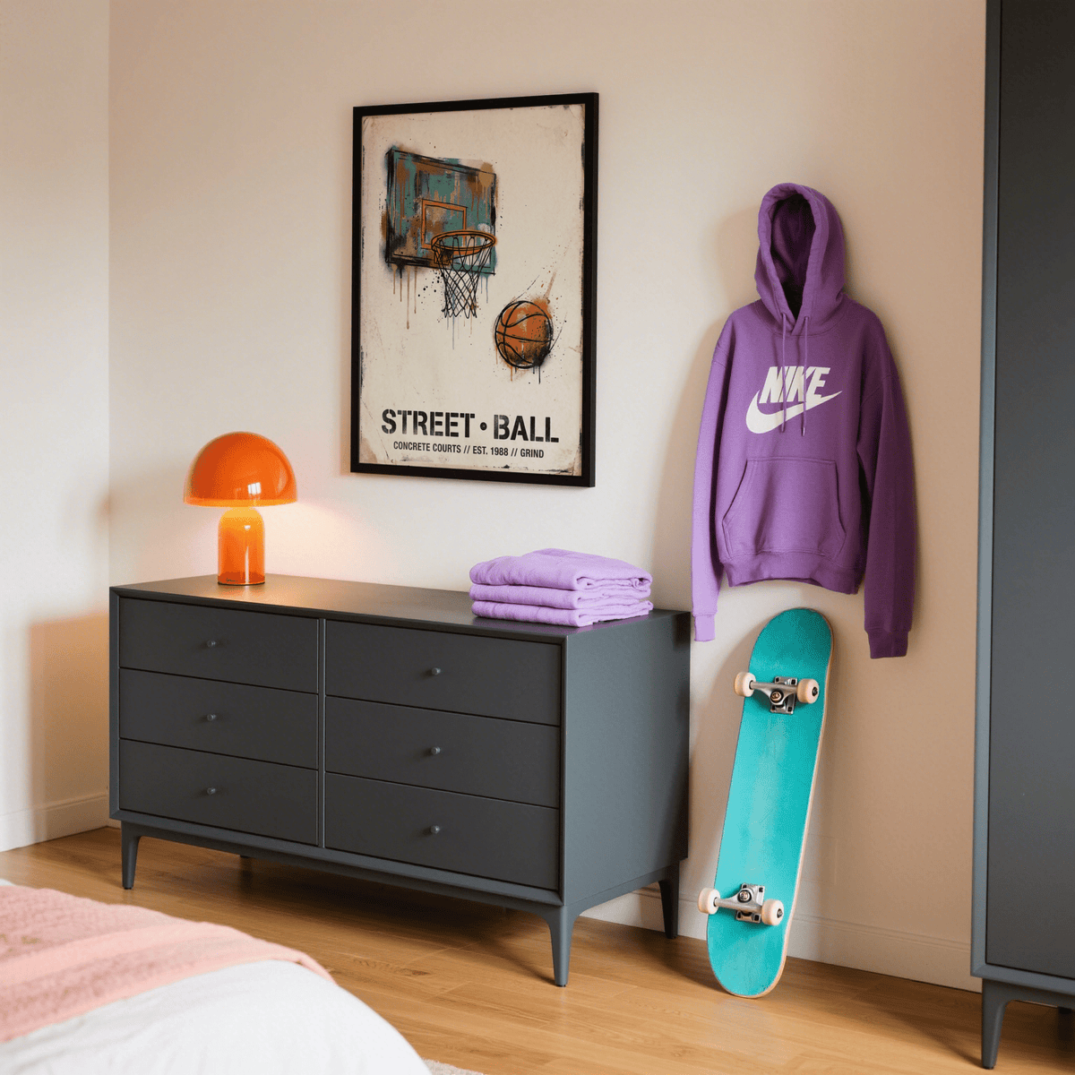 Typography-focused Street Basketball Art Print wall art with “STREET•BALL” text and splatter texture