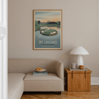 Scenic TPC Sawgrass Wall Art print with central island green, footbridge, and calm sky gradient