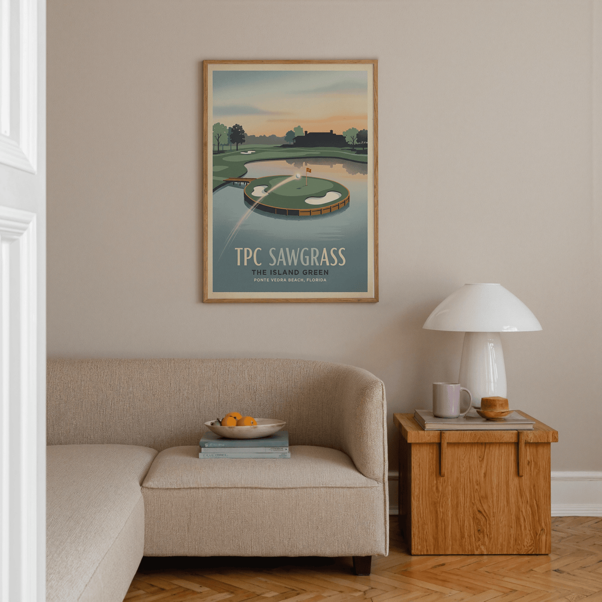 Scenic TPC Sawgrass Wall Art print with central island green, footbridge, and calm sky gradient