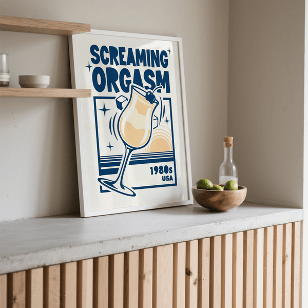 Retro Cocktail Poster for entertaining space, blue and orange