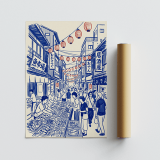 Japanese Street Market Art wall art, Blue-Red-White color, living room décor