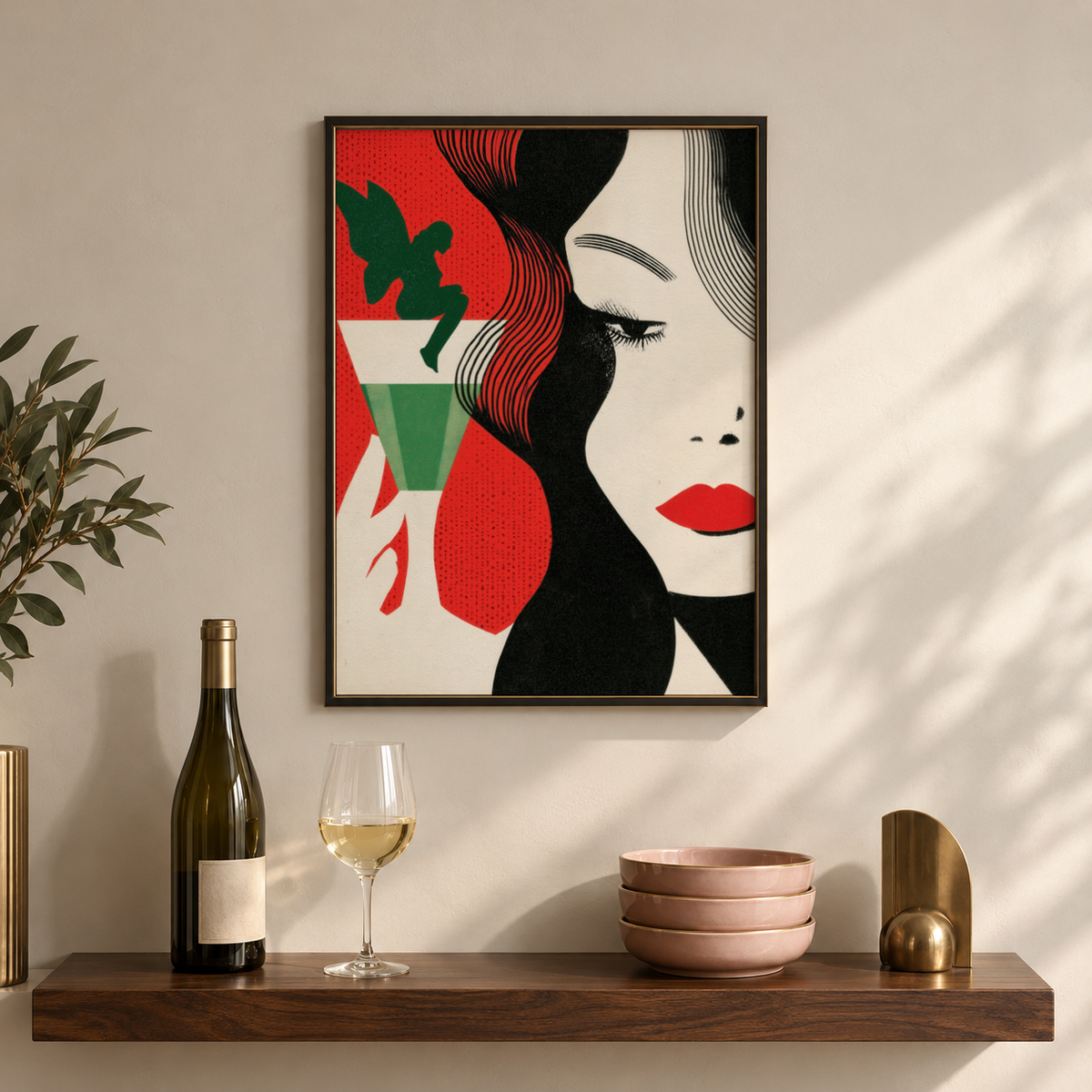 Art Deco Cocktail Woman Print with cropped portrait and graphic linework