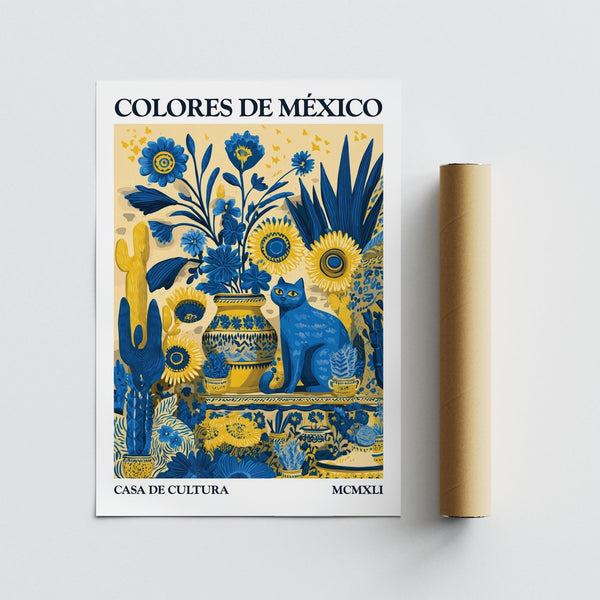 Otomi Wall Art poster in blue and ochre tones for boho interiors.