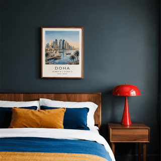 Square travel poster print of Doha with coordinates text and skyline
