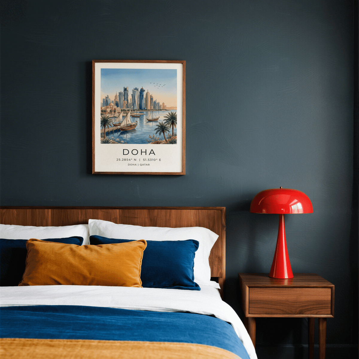 Square travel poster print of Doha with coordinates text and skyline